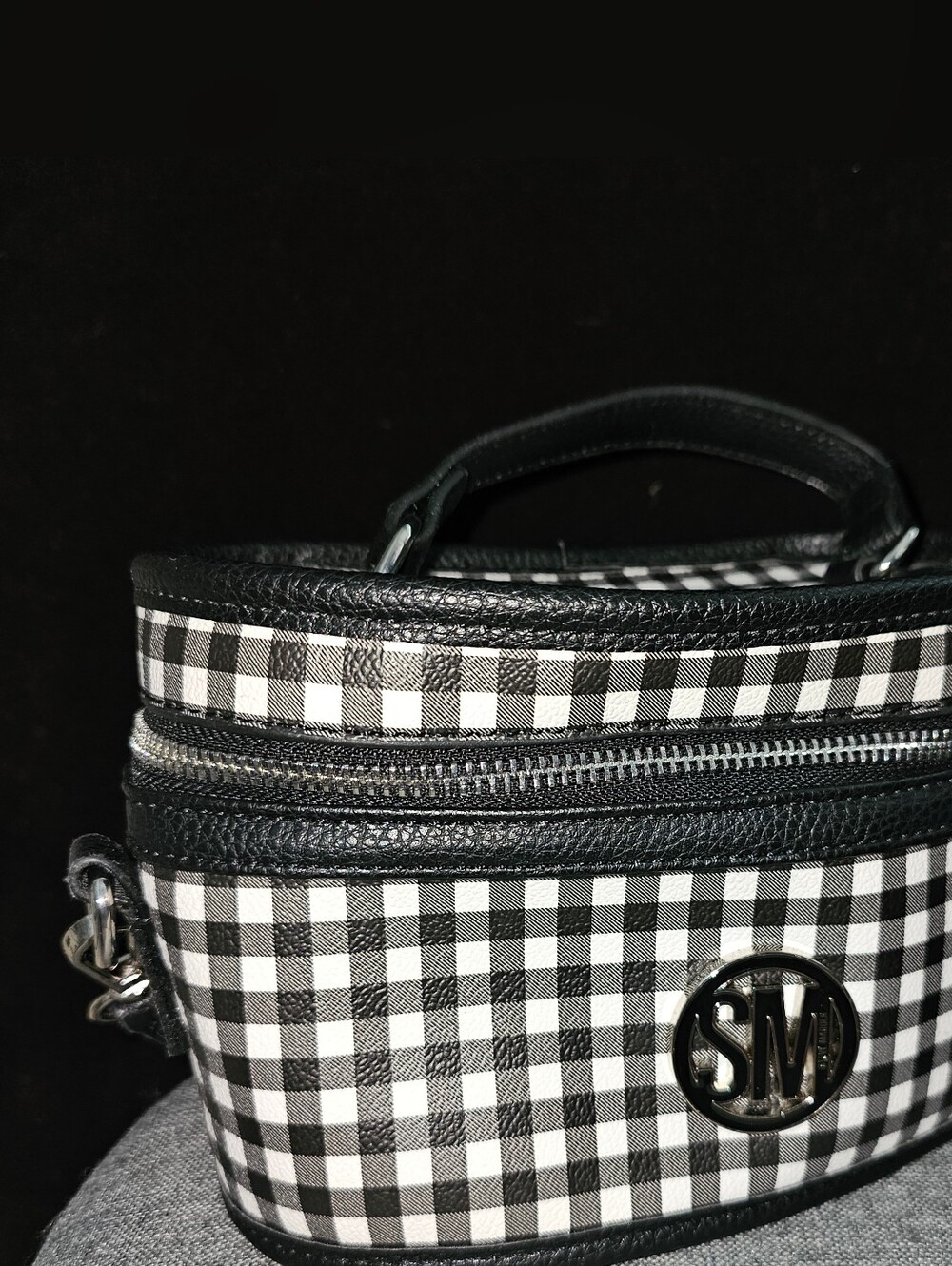 Steve Madden Black White Gingham Structured Train Case Crossbody Plaid Bag